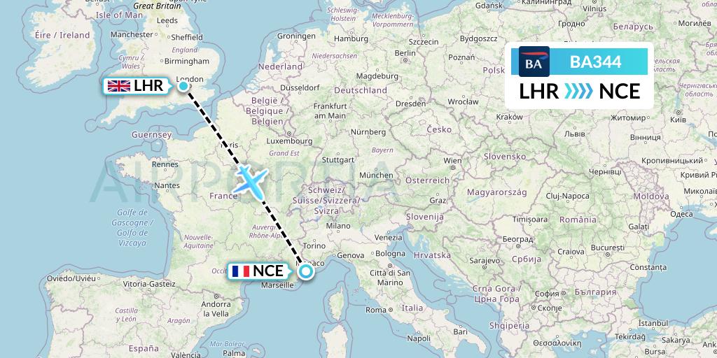 BA344 British Airways Flight Map: London to Nice