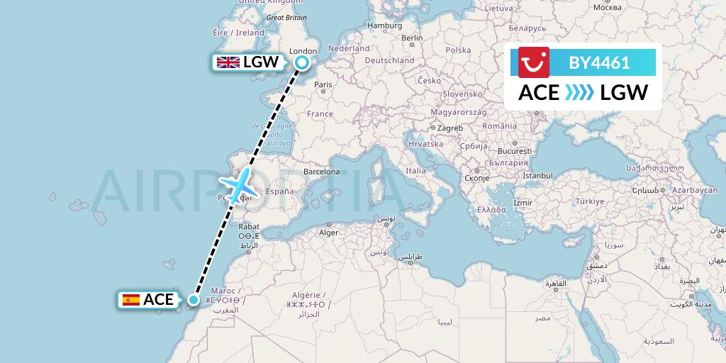 BY4461 TUI Airways Flight Map: Lanzarote to London