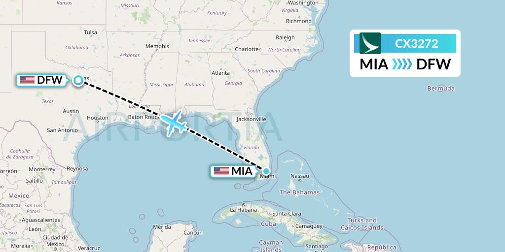 CX3272 Cathay Pacific Flight Map: Miami to Dallas