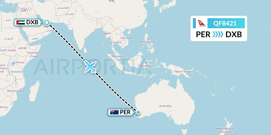 QF8421 Qantas Flight Map: Perth to Dubai
