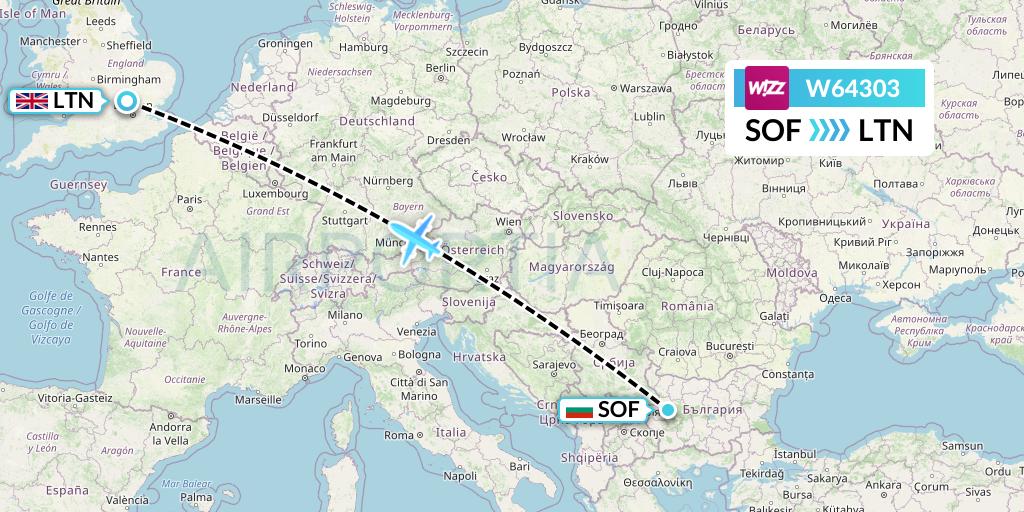 W64303 Wizz Air Flight Map: Sofia to London