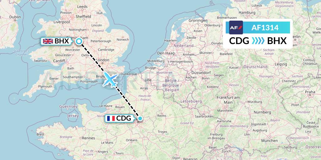 AF1314 Air France Flight Map: Paris to Birmingham
