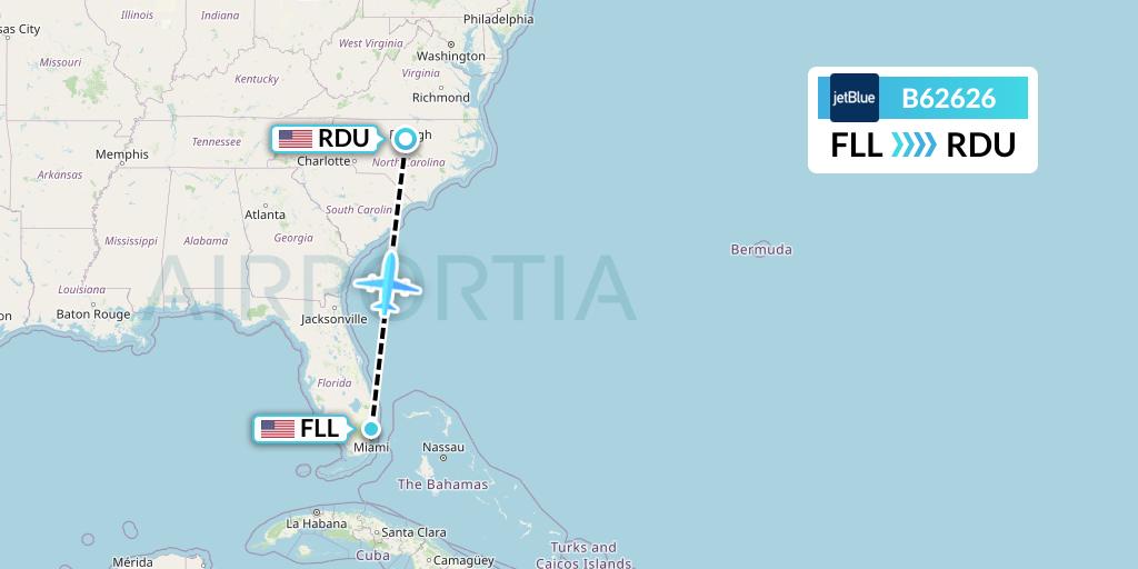 B62626 JetBlue Airways Flight Map: Fort Lauderdale to Raleigh-Durham