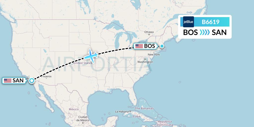 B6619 JetBlue Airways Flight Map: Boston to San Diego