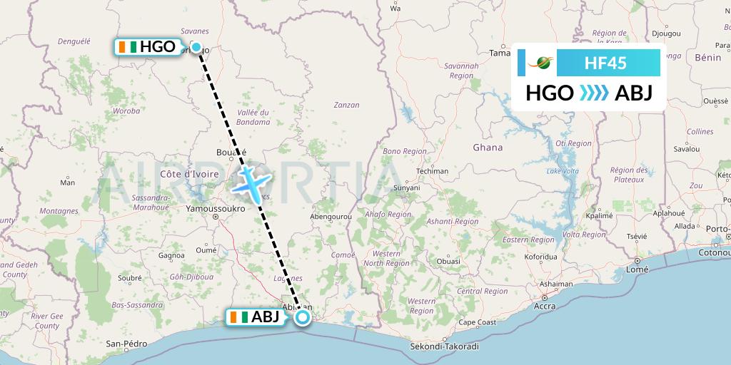 HF45 Air Cote d'Ivoire Flight Map: Ivory Coast to Abidjan
