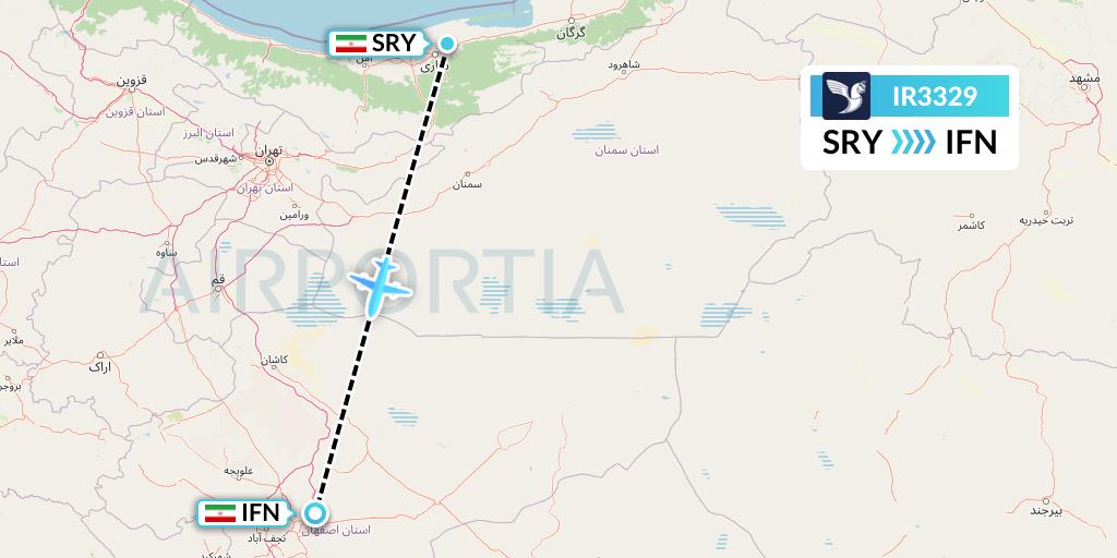 IR3329 Iran Air Flight Map: Sari to Isfahan