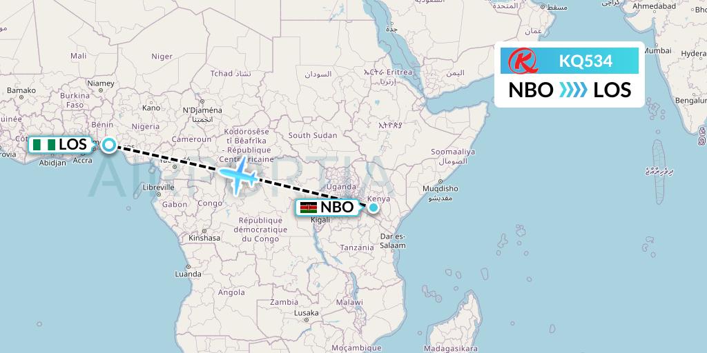 KQ534 Kenya Airways Flight Map: Nairobi to Lagos