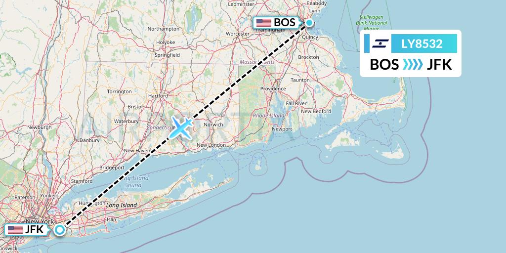 LY8532 El Al Flight Map: Boston to New York