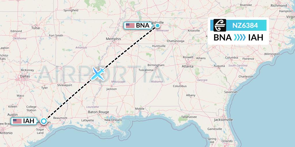 NZ6384 Air New Zealand Flight Map: Nashville to Houston