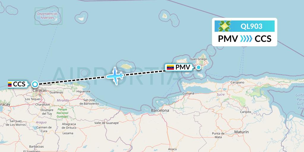 QL903 Laser Airlines Flight Map: Porlamar to Caracas
