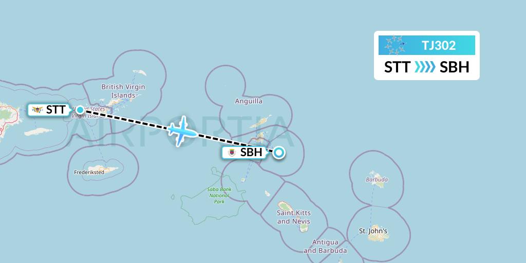 TJ302 Tradewind Aviation Flight Map: St. Thomas to St. Jean