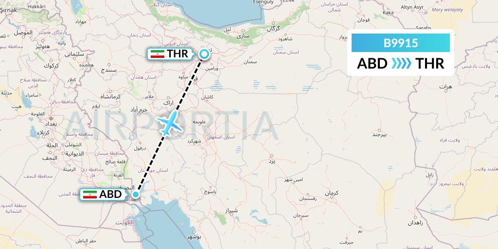 B9915 Iran Air Tours Flight Map: Abadan to Tehran
