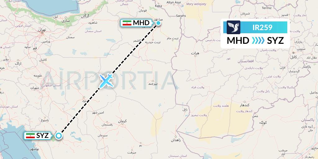 IR259 Iran Air Flight Map: Mashhad to Shiraz