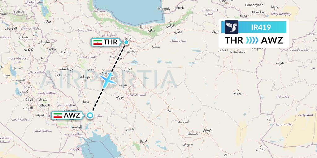 IR419 Iran Air Flight Map: Tehran to Ahvaz