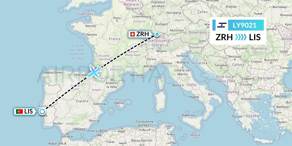 LY9021 El Al Flight Map: Zurich to Lisbon