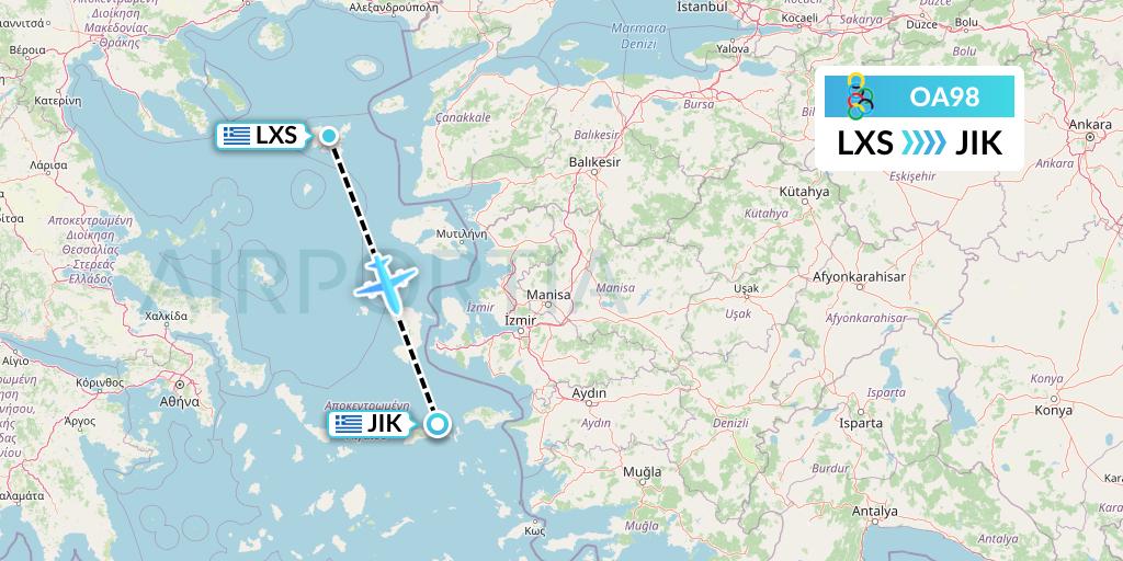 OA98 Olympic Air Flight Map: Lemnos to Ikaria