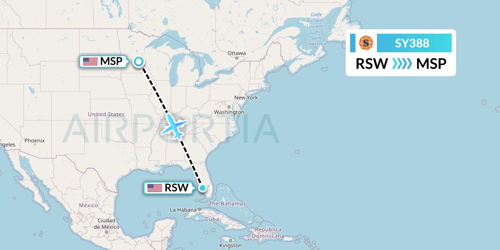 SY388 Sun Country Airlines Flight Map: Fort Myers to Minneapolis
