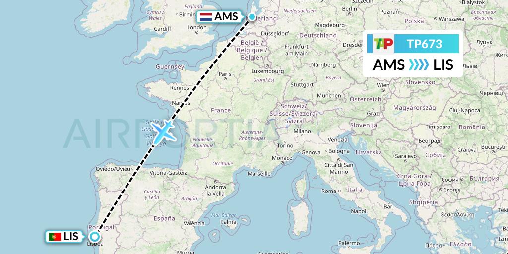 TP673 TAP Portugal Flight Map: Amsterdam to Lisbon