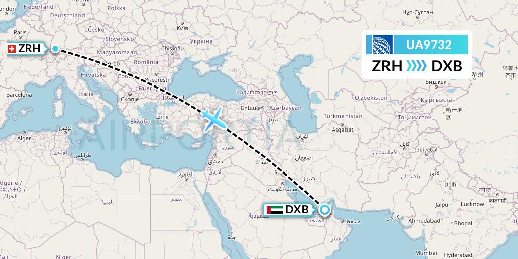 UA9732 United Airlines Flight Map: Zurich to Dubai