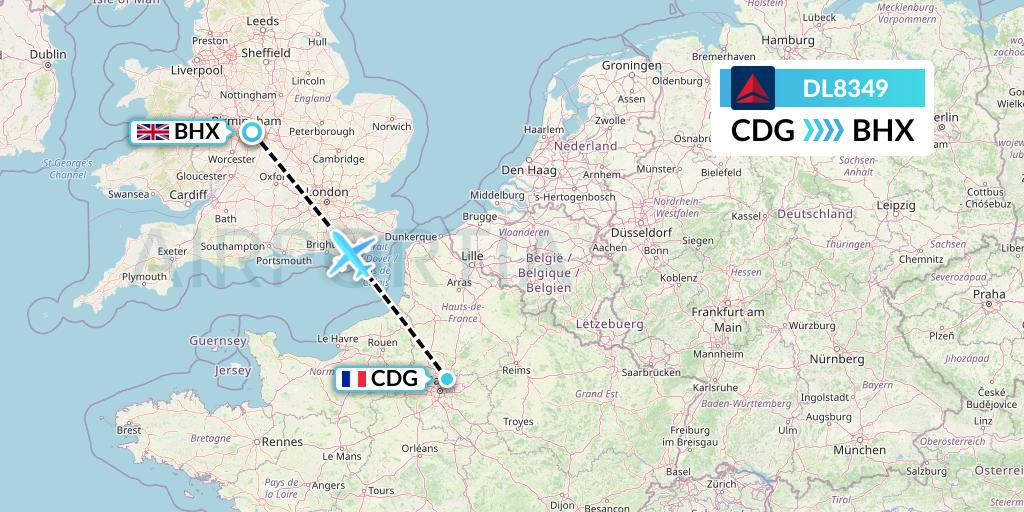 DL8349 Delta Air Lines Flight Map: Paris to Birmingham