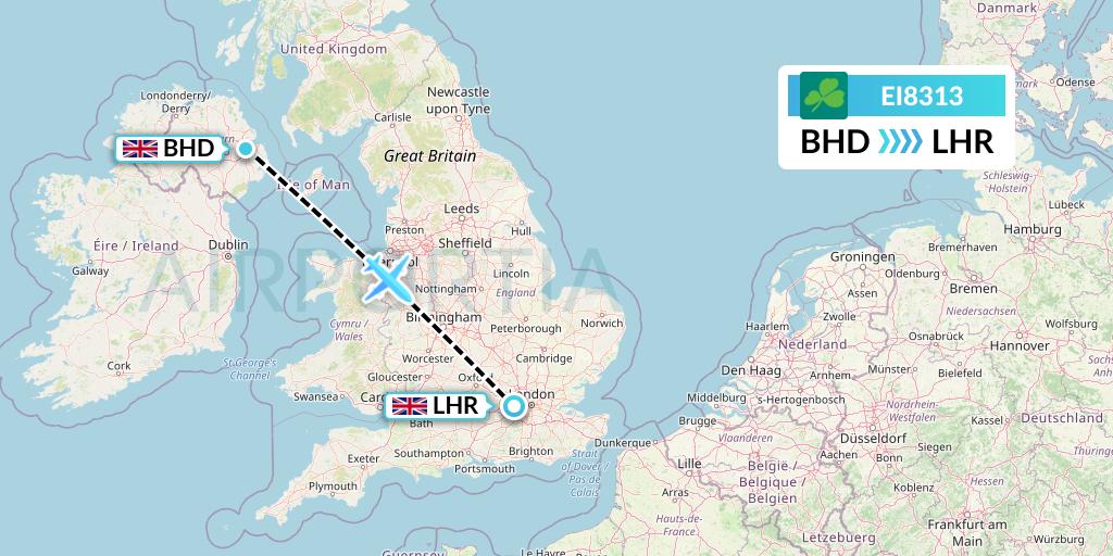 EI8313 Aer Lingus Flight Map: Belfast to London