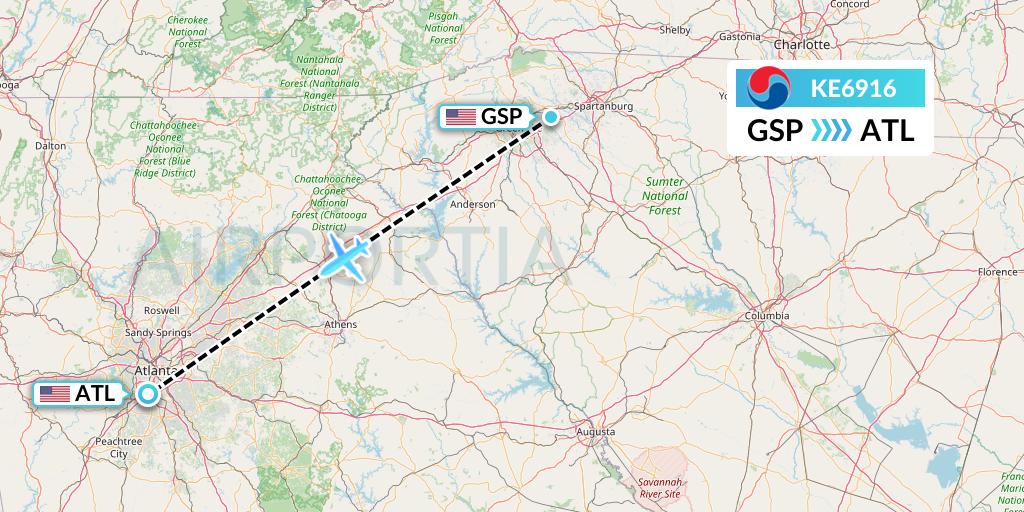 KE6916 Korean Air Flight Map: Greenville-Spartanburg to Atlanta