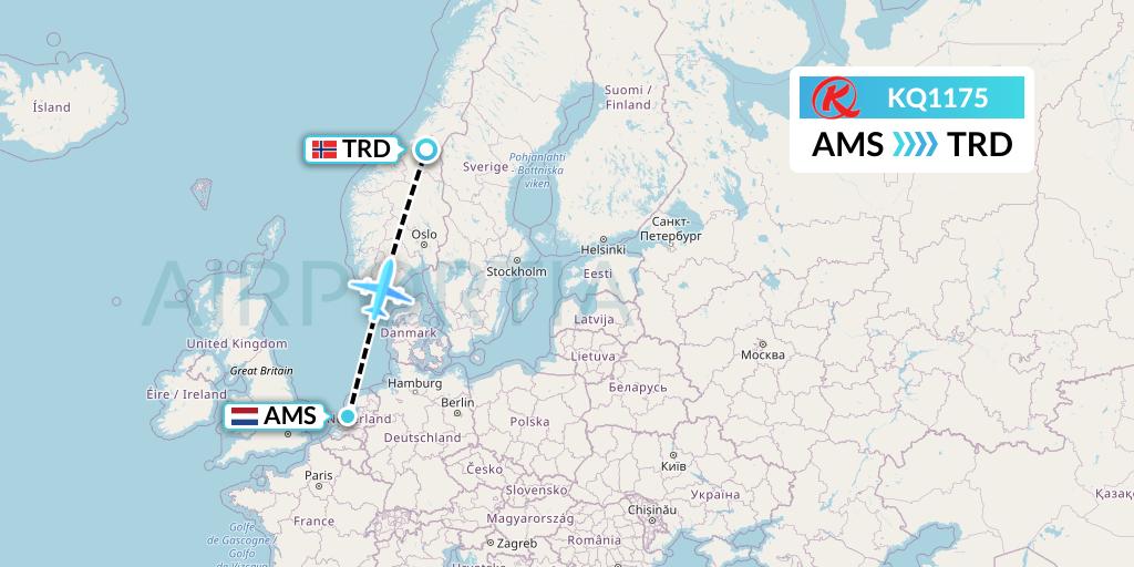 KQ1175 Kenya Airways Flight Map: Amsterdam to Trondheim