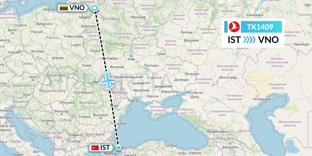 TK1409 Turkish Airlines Flight Map: Istanbul to Vilnius