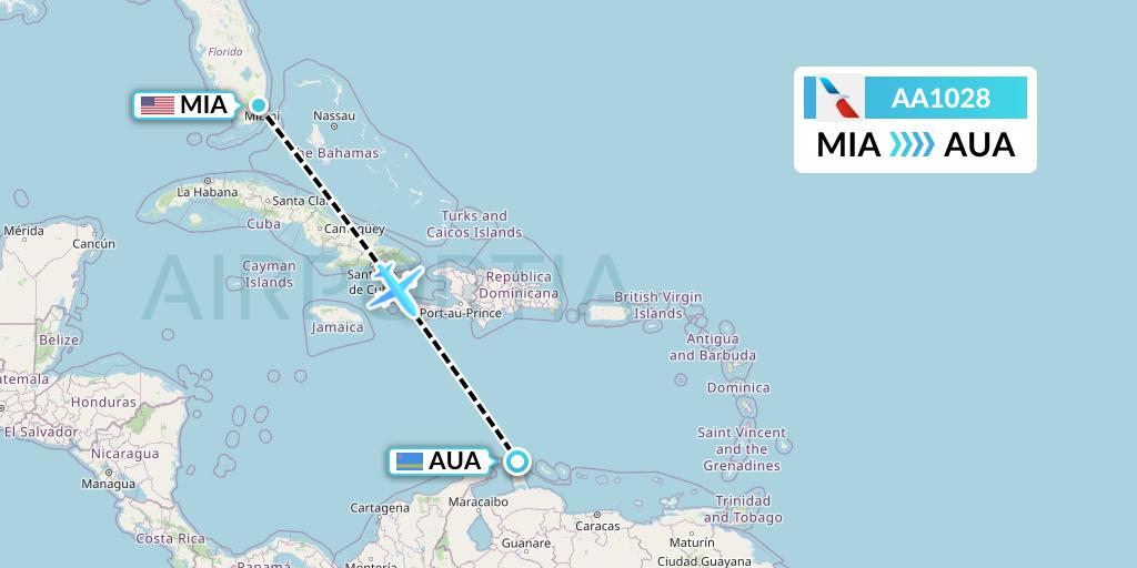 AA1028 American Airlines Flight Map: Miami to Oranjestad
