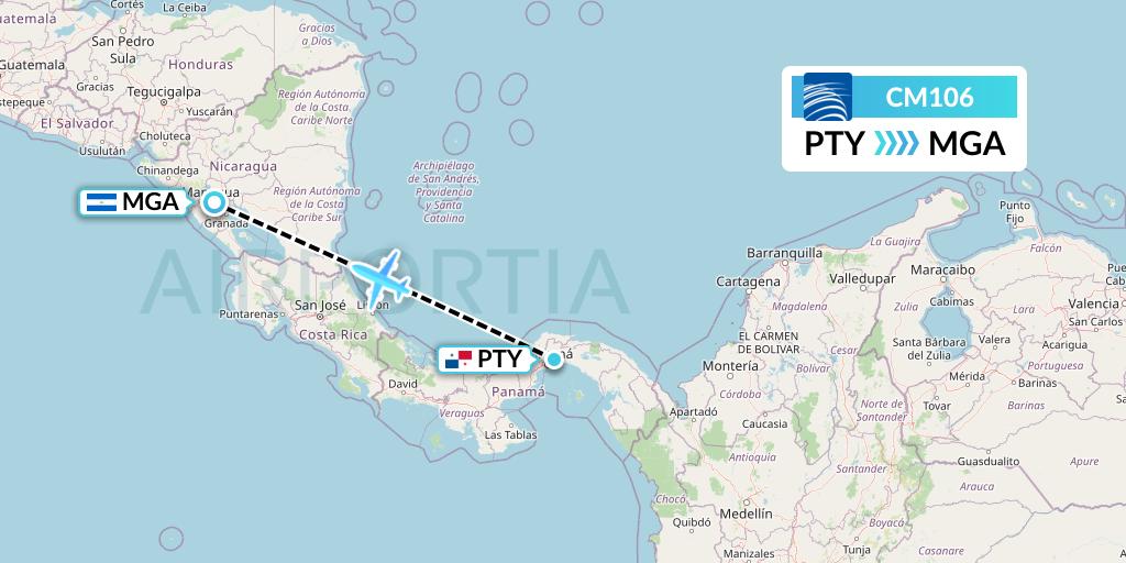 CM106 Copa Airlines Flight Map: Panama City to Managua