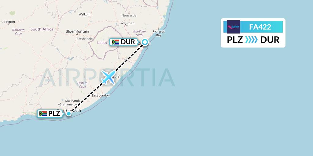FA422 Safair Flight Map: Port Elizabeth to Durban