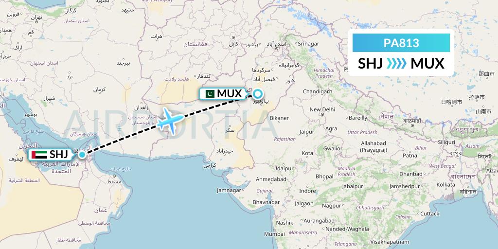 PA813 AirBlue Flight Map: Sharjah to Multan