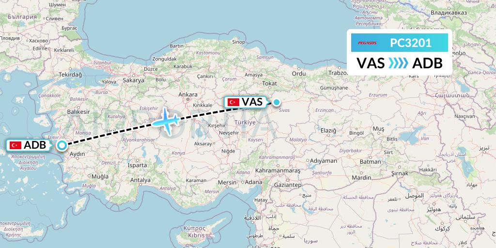 PC3201 Pegasus Airlines Flight Map: Sivas to Izmir