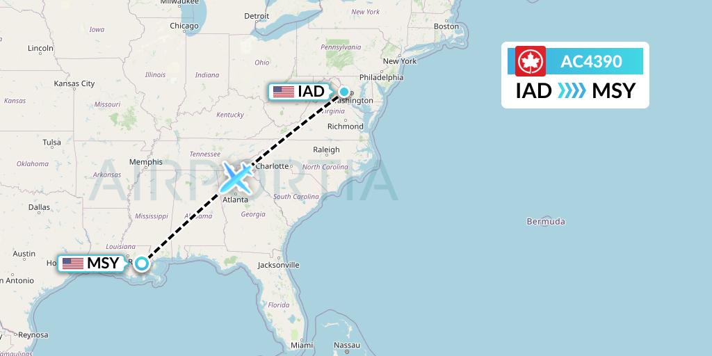 AC4390 Air Canada Flight Map: Washington to New Orleans