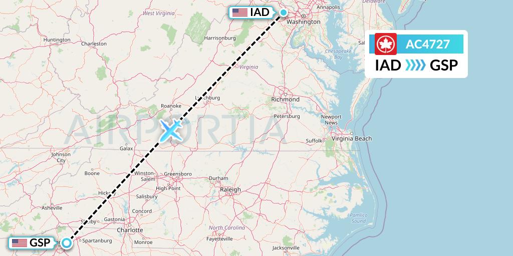 AC4727 Air Canada Flight Map: Washington to Greenville-Spartanburg