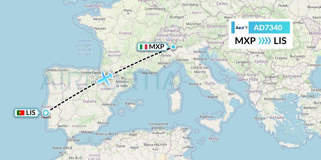 AD7340 Azul Brazilian Airlines Flight Map: Milan to Lisbon