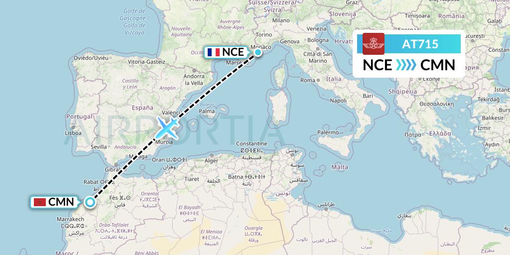 AT715 Royal Air Maroc Flight Map: Nice to Casablanca