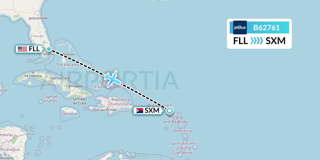 B62761 JetBlue Airways Flight Map: Fort Lauderdale to Sint Maarten