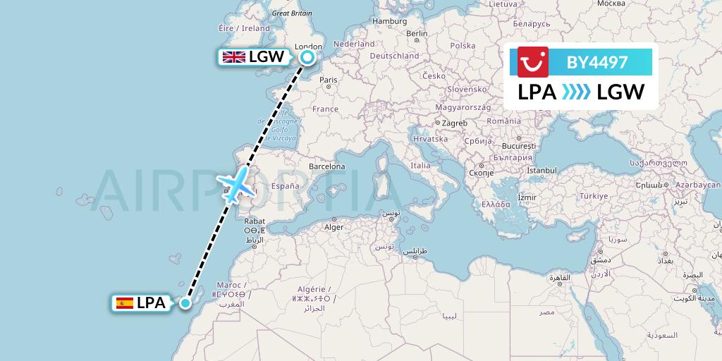 BY4497 TUI Airways Flight Map: Las Palmas to London