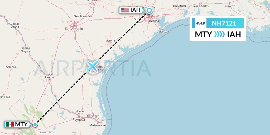 NH7121 All Nippon Airways Flight Map: Monterrey to Houston