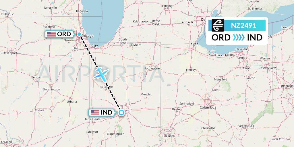 NZ2491 Air New Zealand Flight Map: Chicago to Indianapolis