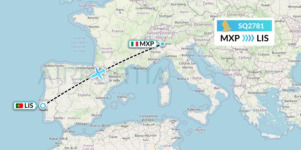 SQ2781 Singapore Airlines Flight Map: Milan to Lisbon