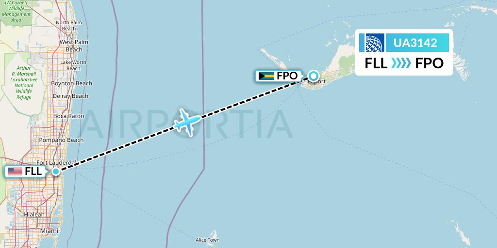 UA3142 United Airlines Flight Map: Fort Lauderdale to Freeport
