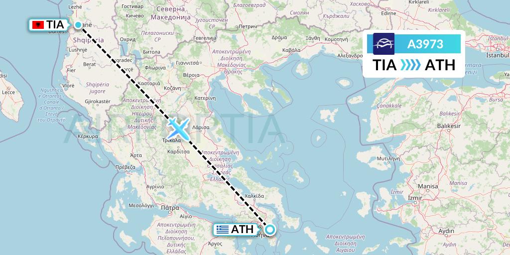 A3973 Aegean Airlines Flight Map: Tirana to Athens