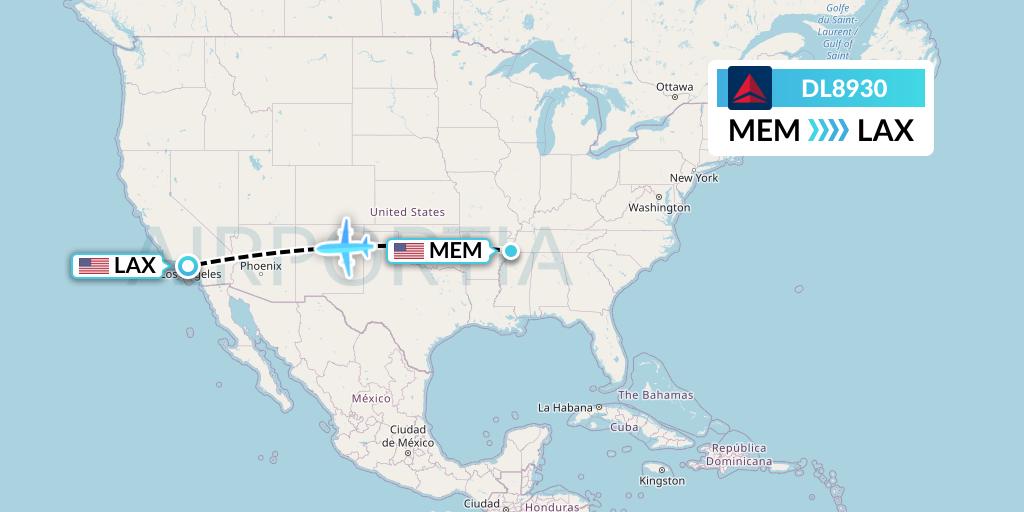 DL8930 Delta Air Lines Flight Map: Memphis to Los Angeles