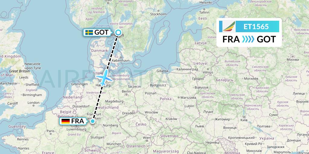 ET1565 Ethiopian Airlines Flight Map: Frankfurt to Gothenburg