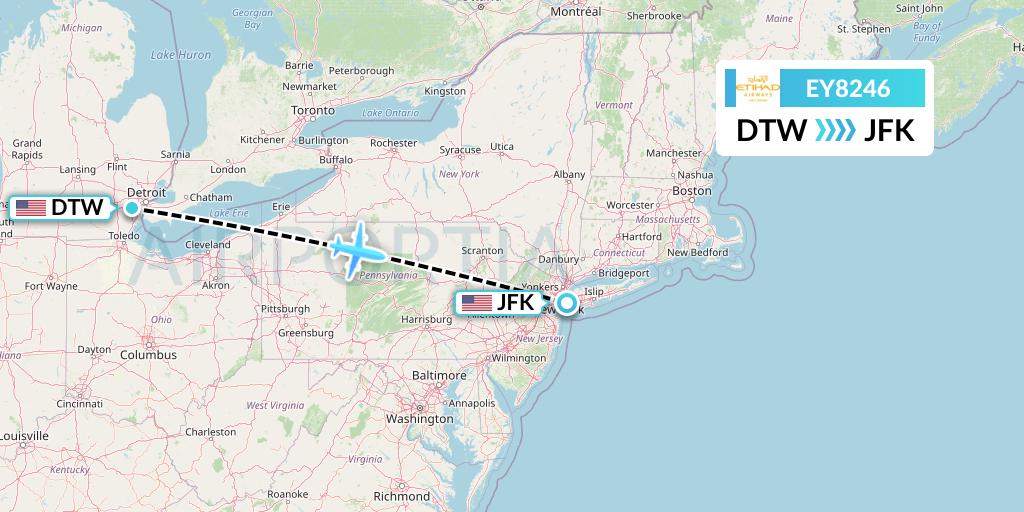 EY8246 Etihad Airways Flight Map: Detroit to New York