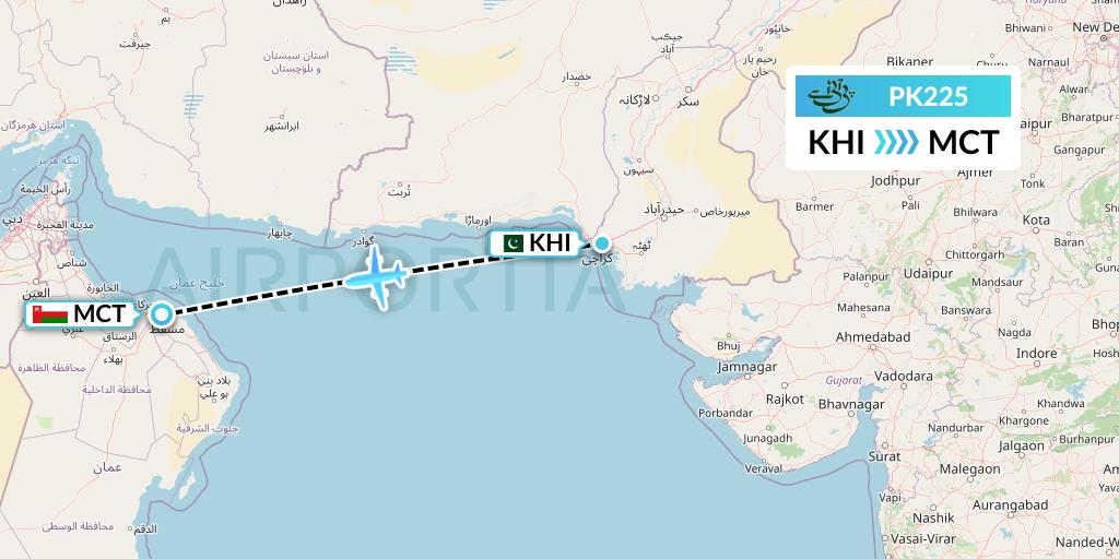 PK225 Pakistan International Airlines Flight Map: Karachi to Muscat