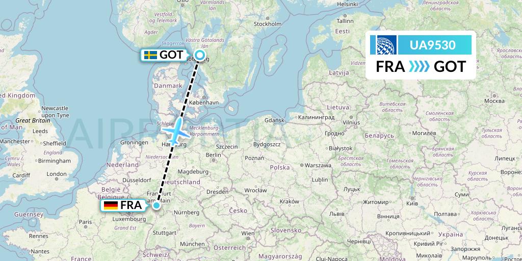 UA9530 United Airlines Flight Map: Frankfurt to Gothenburg