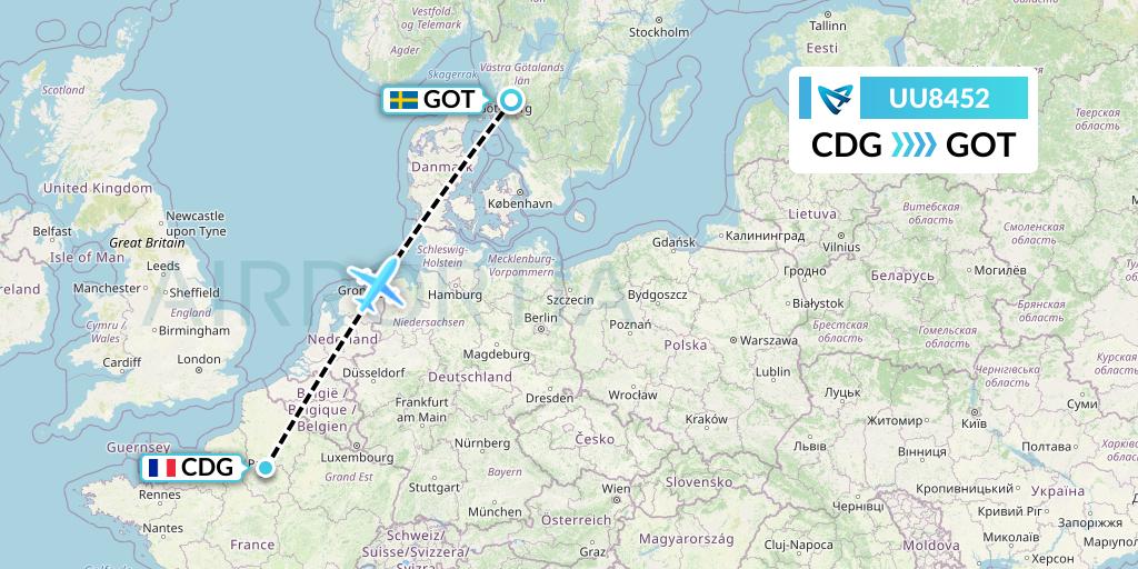 UU8452 Air Austral Flight Map: Paris to Gothenburg